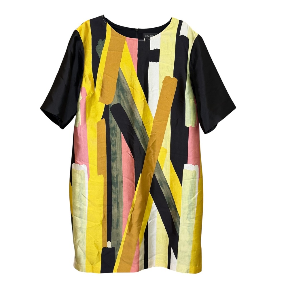 St. John Shift Dress Womens Black Yellow Abstract Silk Wool Mod Size 16 ($995)
